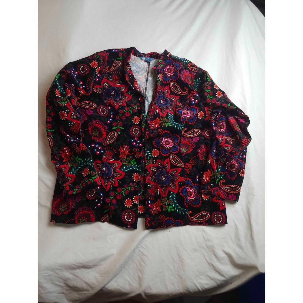 Koret Blazer Jacket Womens XL‎ Black Red Floral Paisley Print Open Front Career